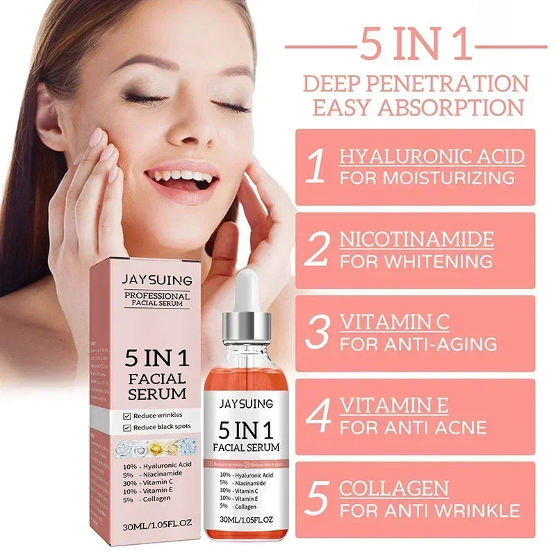 5 In1 Hyaluronic Acid Facial Serum Moisturizing Brightening Lightening Fine Lines Vitamin C Pore Shrinking Serum Skincare 30ml
