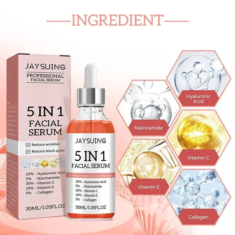 5 In1 Hyaluronic Acid Facial Serum Moisturizing Brightening Lightening Fine Lines Vitamin C Pore Shrinking Serum Skincare 30ml