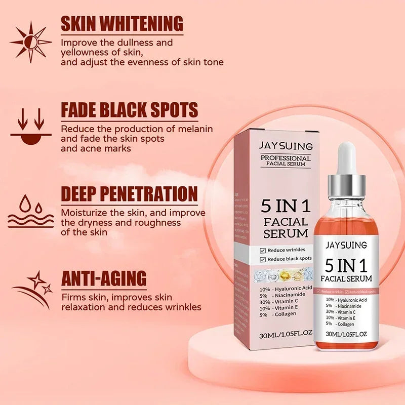 5 In1 Hyaluronic Acid Facial Serum Moisturizing Brightening Lightening Fine Lines Vitamin C Pore Shrinking Serum Skincare 30ml